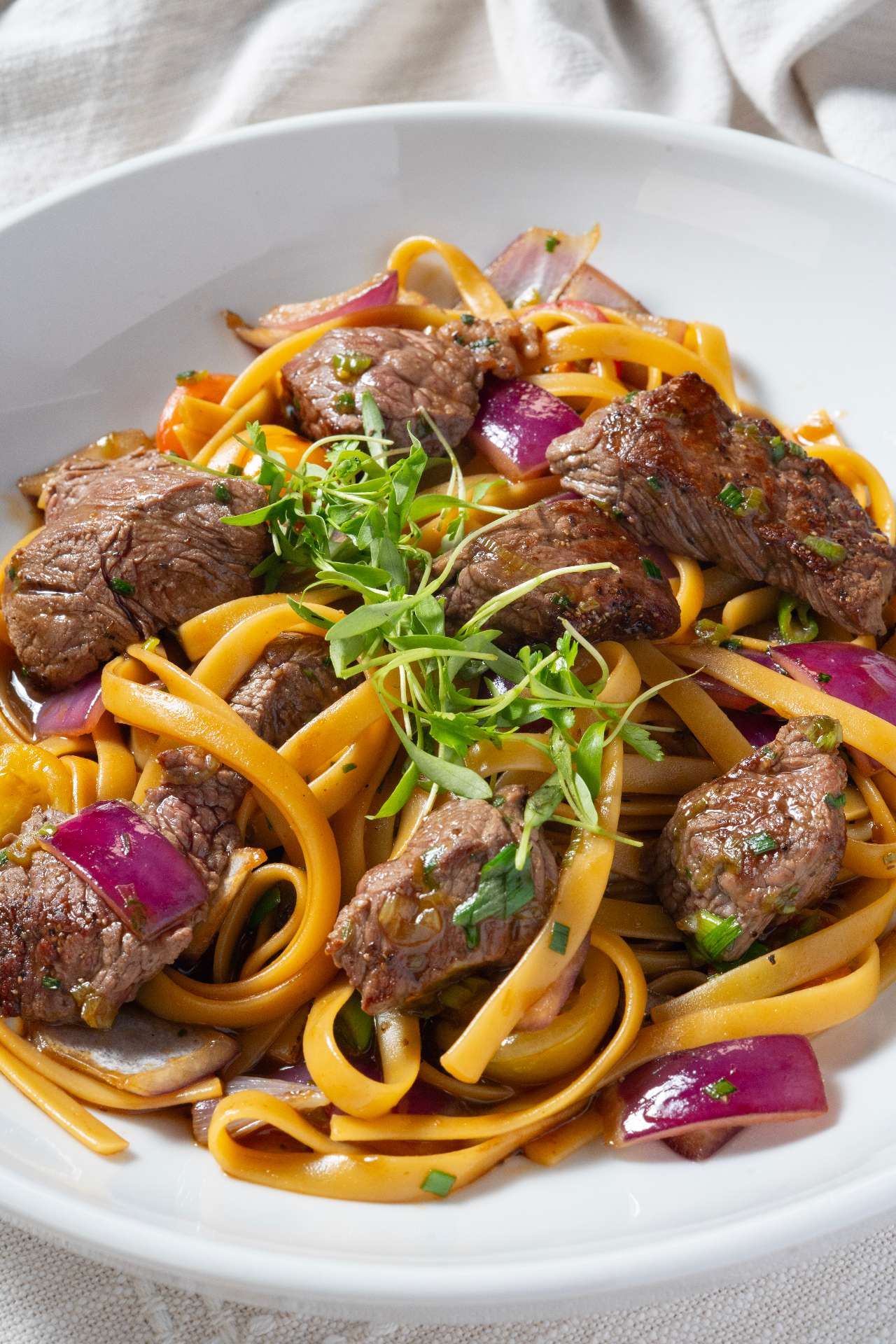 Lomo saltado con fettuccine